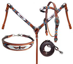 Showman Beaded Thunderbird 4 Piece Headstall and Breastcollar Set